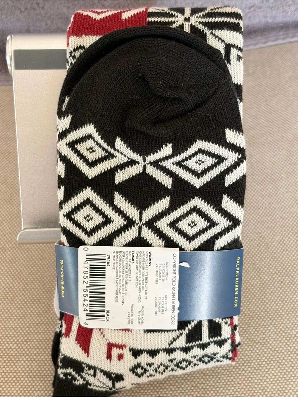 Polo Ralph Lauren Black White and Red Fair Isle Crew Socks Aztec NWT